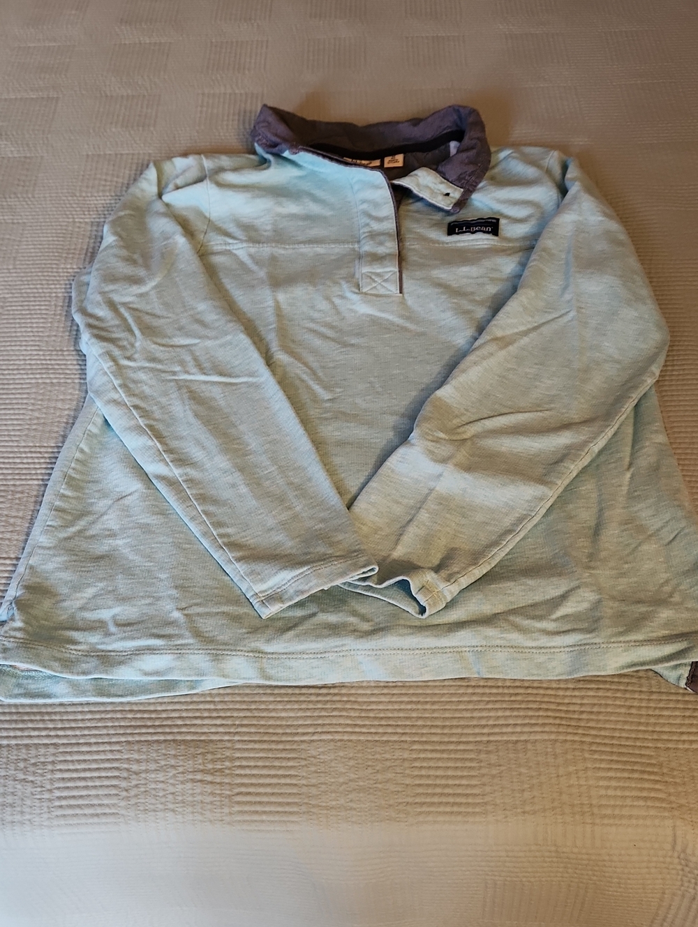 L.L. Bean Women's Light Green Quarter- Button Sweatshirt with Navy Collar
